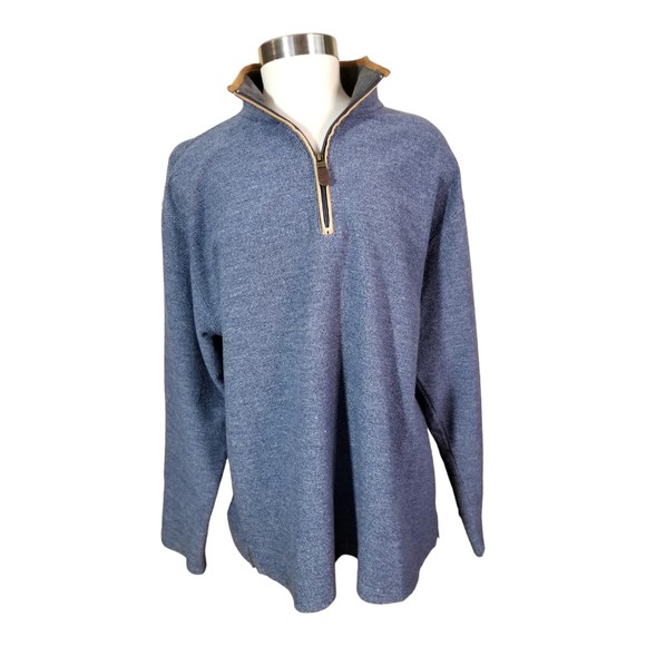 ORVIS Sporting Rugged Men's 1/4 Zip Blue Shirt Leather Elbow Mock Neck Sz Lg - Picture 1 of 11